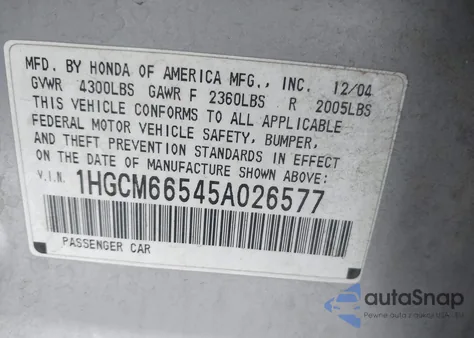 2005 Honda Accord 3.0 Ex from USA, damaged, VIN 1HGCM66545A026577